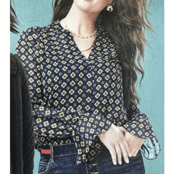 Anthropologie CAbi Mosaic Blouse Blue Yellow Top #3773 Size Medium, MSRP $89 - Picture 1 of 13
